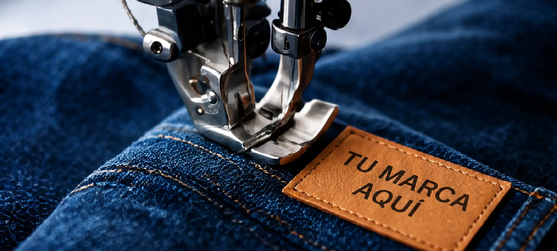 Fabricación de jeans con marca propia, máquina de coser de precisión sobre mezclilla azul con etiqueta de cuero personalizada