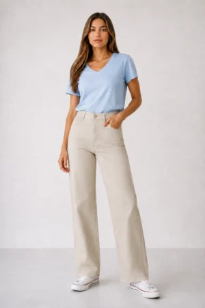 pantalon recto ancho de gabardina beige