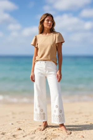 Pantalon de gabardina botamanga calada - color Blanco - por mayor